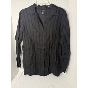 EILEEN FISHER Black Striped Irish Linen Button Front Shirt Womens Size Small